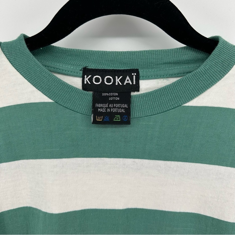 Women’s Kookai “Girl” Green White Stripe Preppy Rugby Style Pocket T-Shirt Sz L - Picture 2 of 6